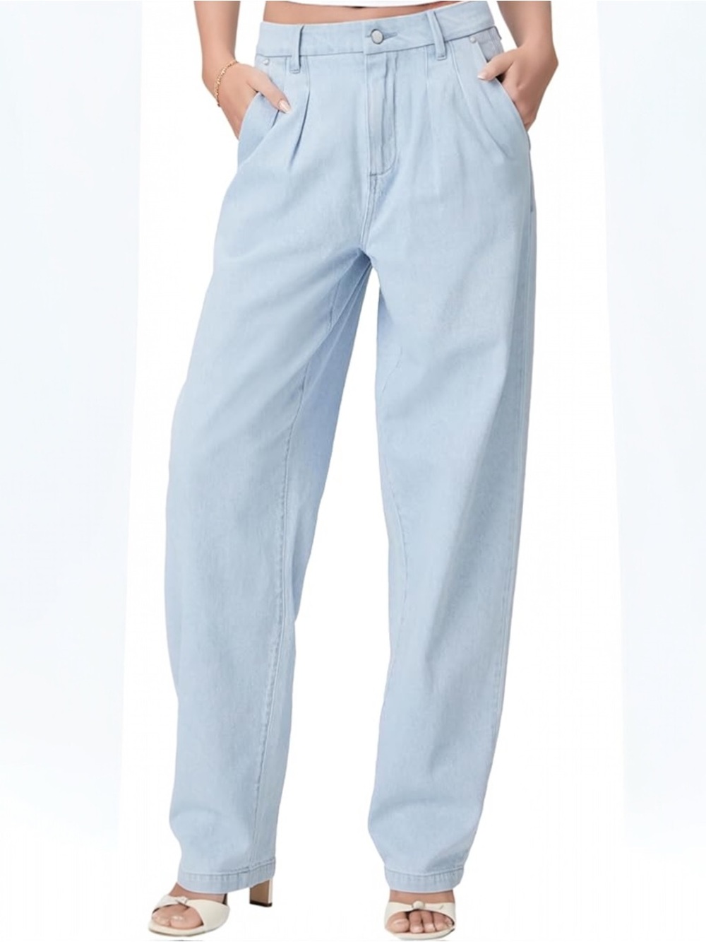 PAIGE Pale Blue High-Rise pleated Bella Trouser styling Beaumont Jeans
